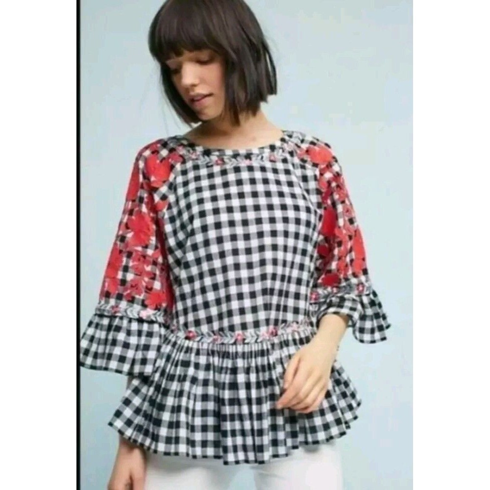 $148 Anthropologie Pankaj Nidhi Gingham Embroidered Top Size Medium EUC